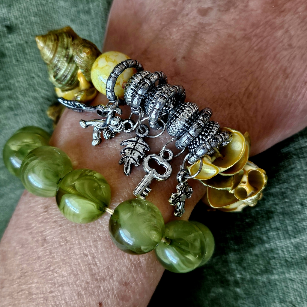 Curated Charm 2-Bracelet Set Stack StretchyChunky Green-Yellow Pallette 40$